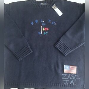 CUSTOM-Polo Ralph Lauren Navy Blue Crewneck Sweater with Flag Embroidery